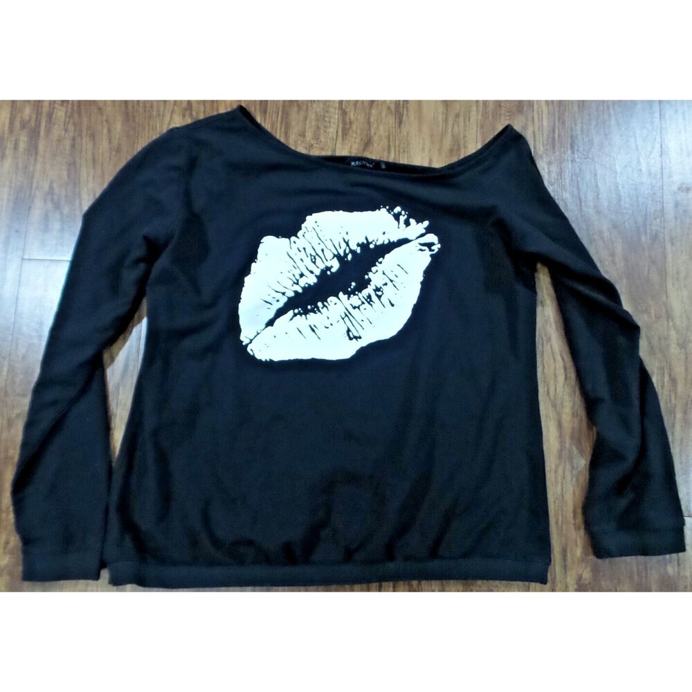 MAGICMK Off The Shoulder Pullover Black Sweatshirt 2XL Long Sleeve White Lips